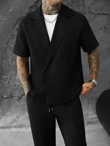 SLATEMANN Men's Summer Casual Short Sleeve Shirt And Long Pants Set - Black - View 3