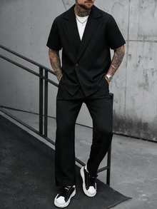 SLATEMANN Men's Summer Casual Short Sleeve Shirt And Long Pants Set - Black - View 1