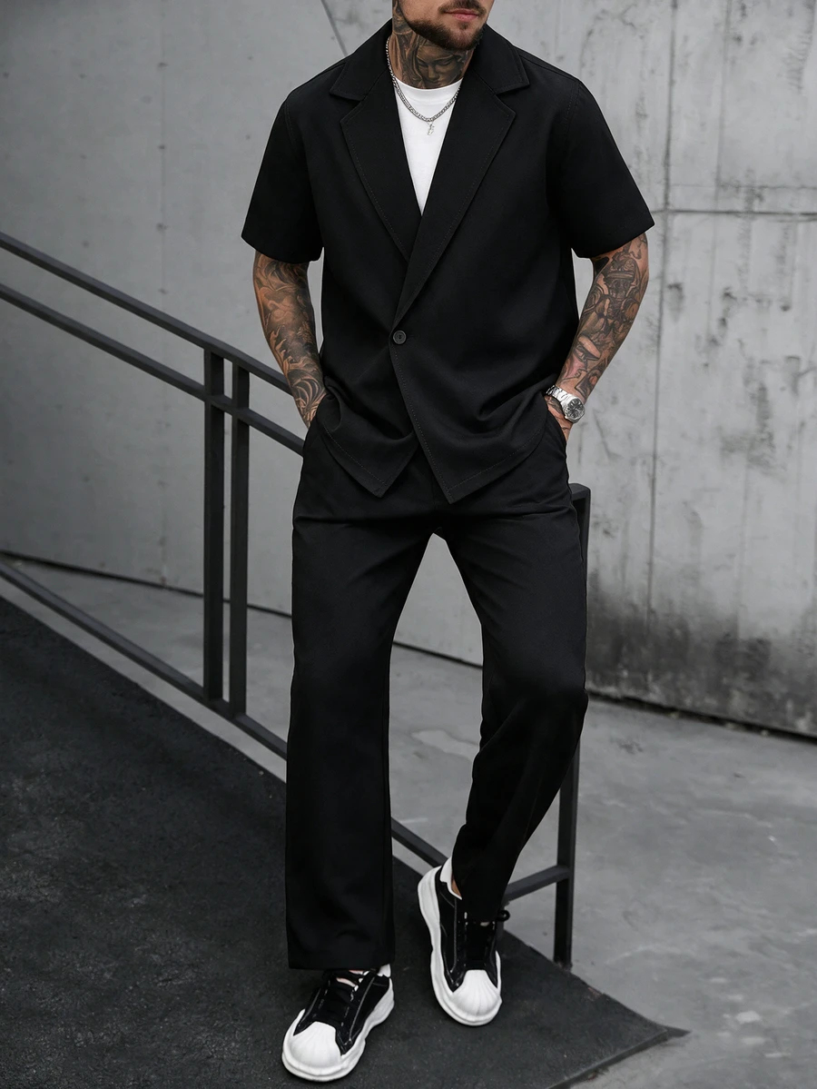 SLATEMANN Men's Summer Casual Short Sleeve Shirt And Long Pants Set - Black - View 1
