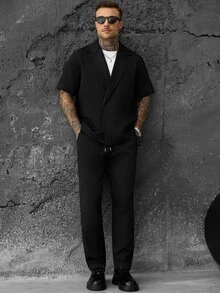 SLATEMANN Men's Summer Casual Short Sleeve Shirt And Long Pants Set - Black - View 6