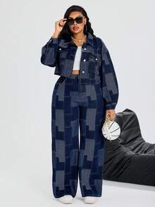 SHEIN SXY 冬季加大码女式牛仔蓝无弹力提花短袖外套，牛仔女郎风格夏季牛仔竞技 - 深色水洗藍 - 查看 6