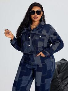 SHEIN SXY 冬季加大码女式牛仔蓝无弹力提花短袖外套，牛仔女郎风格夏季牛仔竞技 - 深色水洗藍 - 查看 7