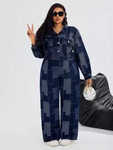 SHEIN SXY 冬季加大码女式牛仔蓝无弹力提花短袖外套，牛仔女郎风格夏季牛仔竞技 - 深色水洗藍 - 查看 5