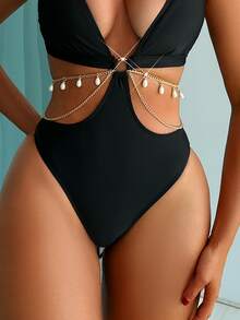 Swim Vcay Summer Beach Women Chain Design Holiday Style One-Piece Swimsuit - Black - View 8