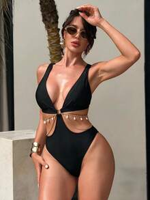 Swim Vcay Summer Beach Women Chain Design Holiday Style One-Piece Swimsuit - Black - View 3