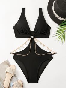 Swim Vcay Summer Beach Women Chain Design Holiday Style One-Piece Swimsuit - Black - View 9