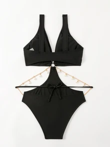 Swim Vcay Summer Beach Women Chain Design Holiday Style One-Piece Swimsuit - Black - View 10