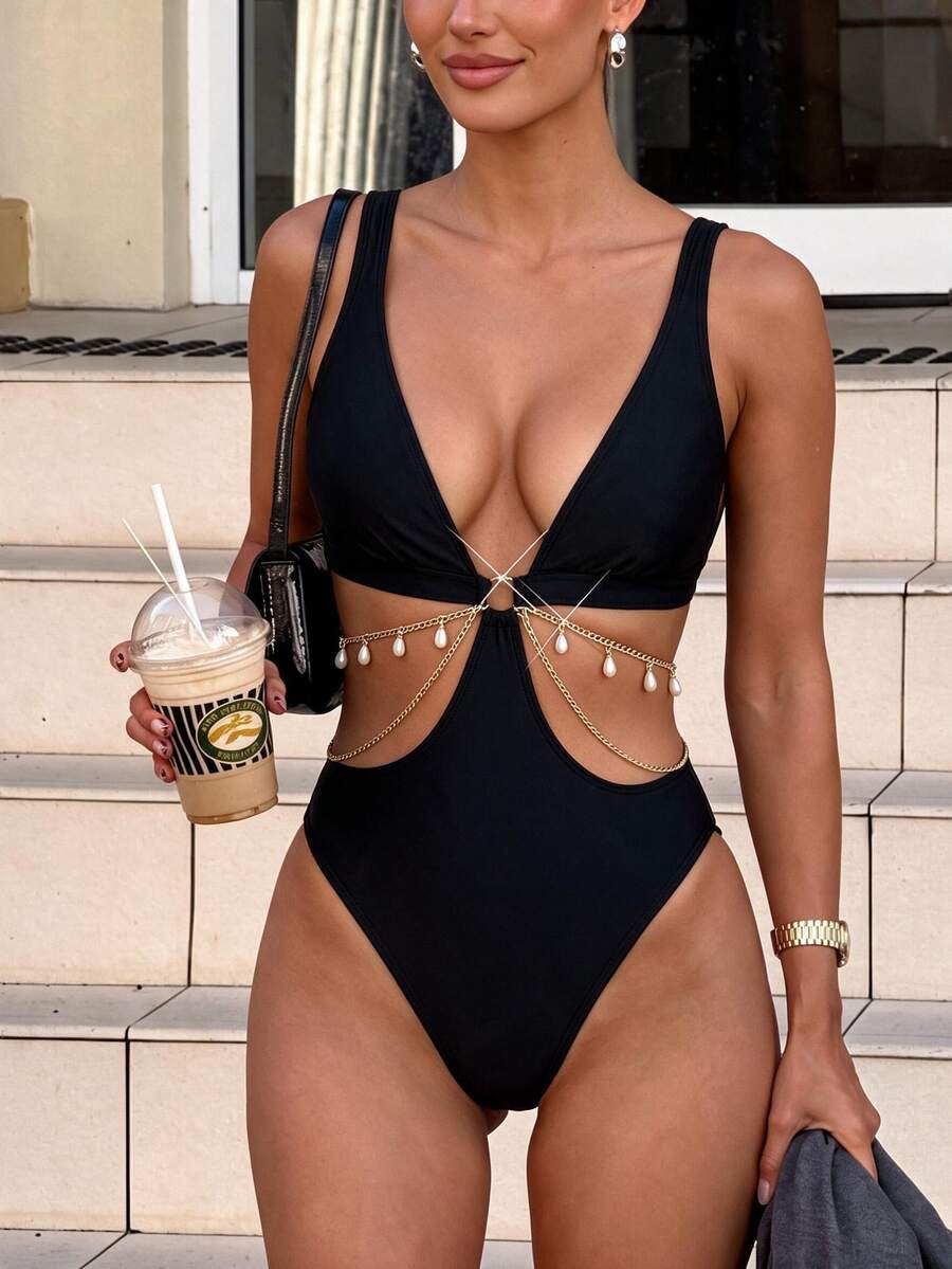 Swim Vcay Summer Beach Women Chain Design Holiday Style One-Piece Swimsuit