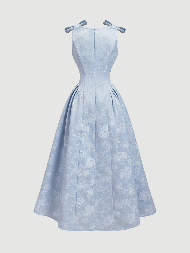 SHEIN MOD Blue Bow Jacquard Pleated Waist Long Dress - Blue - View 4