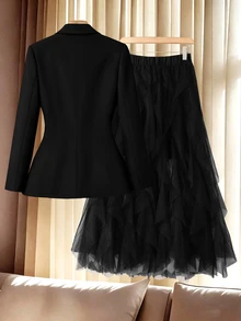 Formidée Plus Size Women's Elegant Peak Collar Solid Color Blazer And Mesh Skirt Suit Set, Suitable For Spring/Autumn Office Commute - Black - View 2
