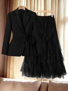Formidée Plus Size Women's Elegant Peak Collar Solid Color Blazer And Mesh Skirt Suit Set, Suitable For Spring/Autumn Office Commute - Black - View 1