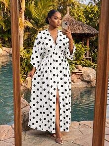 SHEIN Lady CURVE 大尺碼女款波點印花 3/4 袖開衩下擺休閒洋裝 - 白色 - 查看 3