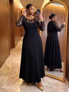 SHEIN Lady CURVE Plus Size Vintage Elegant Lace Patchwork Long Sleeve Dress - Black - View 7