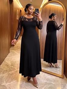 SHEIN Lady CURVE Plus Size Vintage Elegant Lace Patchwork Long Sleeve Dress - Black - View 6