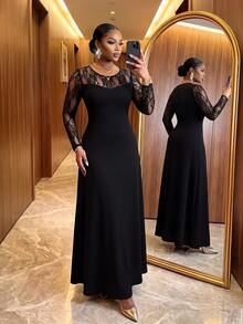 SHEIN Lady CURVE Plus Size Vintage Elegant Lace Patchwork Long Sleeve Dress - Black - View 3