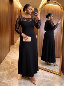 SHEIN Lady CURVE Plus Size Vintage Elegant Lace Patchwork Long Sleeve Dress - Black - View 5