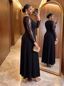 SHEIN Lady CURVE Plus Size Vintage Elegant Lace Patchwork Long Sleeve Dress - Black - View 2