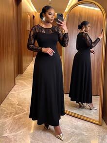 SHEIN Lady CURVE Plus Size Vintage Elegant Lace Patchwork Long Sleeve Dress - Black - View 1