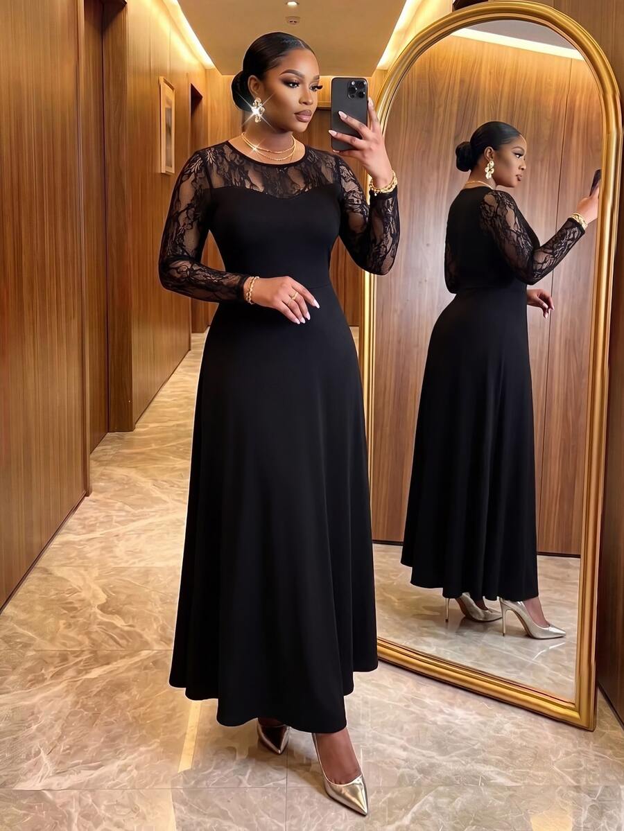SHEIN Lady CURVE Plus Size Vintage Elegant Lace Patchwork Long Sleeve Dress - Black - View 1