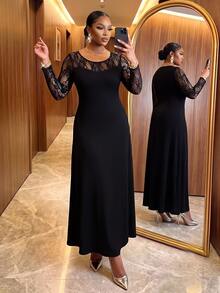 SHEIN Lady CURVE Plus Size Vintage Elegant Lace Patchwork Long Sleeve Dress - Black - View 4