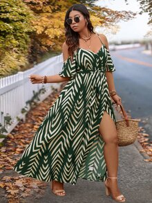 SHEIN VCAY Plus Size Vacation Cold Shoulder Short Sleeve Spaghetti Strap Dress - Dark Green - View 5