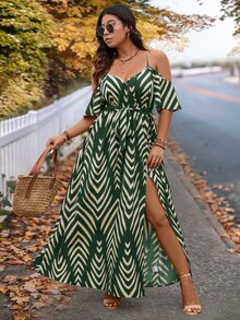 SHEIN VCAY Plus Size Vacation Cold Shoulder Short Sleeve Spaghetti Strap Dress - Dark Green - View 3