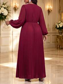 Fleurora Plus Size Elegant Pleated Metal Decor Long Sleeve Dress Fall - Burgundy - View 4