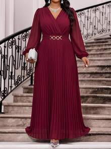 Fleurora Plus Size Elegant Pleated Metal Decor Long Sleeve Dress Fall - Burgundy - View 1