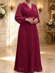 Fleurora Plus Size Elegant Pleated Metal Decor Long Sleeve Dress Fall - Burgundy - View 3