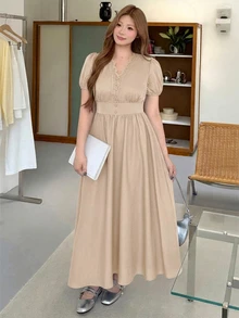 Bijouette 大尺碼優雅浪漫 L'amoure 夏季純色花瓣短袖洋裝 米色 婚禮晨間 外出聚會 正式賓客 早午餐 約會之夜 - 杏色 - 查看 3