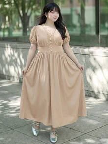 Bijouette 大尺碼優雅浪漫 L'amoure 夏季純色花瓣短袖洋裝 米色 婚禮晨間 外出聚會 正式賓客 早午餐 約會之夜 - 杏色 - 查看 10