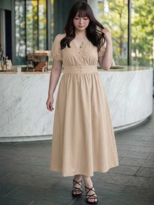 Bijouette 大尺碼優雅浪漫 L'amoure 夏季純色花瓣短袖洋裝 米色 婚禮晨間 外出聚會 正式賓客 早午餐 約會之夜 - 杏色 - 查看 11