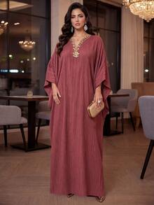 SHEIN Lady CURVE Gaun Pesta Elegan Ukuran Besar dengan Lengan Kelelawar - Dusty Purple - View 4