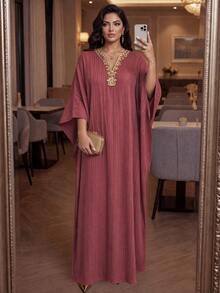 SHEIN Lady CURVE Gaun Pesta Elegan Ukuran Besar dengan Lengan Kelelawar - Dusty Purple - View 5