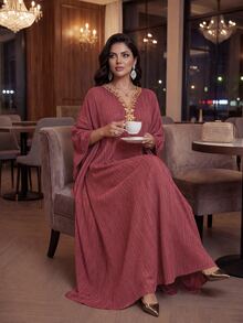 SHEIN Lady CURVE Gaun Pesta Elegan Ukuran Besar dengan Lengan Kelelawar - Dusty Purple - View 3