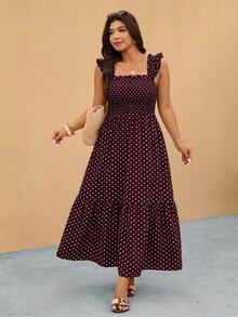 Elaquor Gaun Pesta Kasual Lipit Motif Polkadot untuk Wanita Ukuran Besar - Coklat - View 5