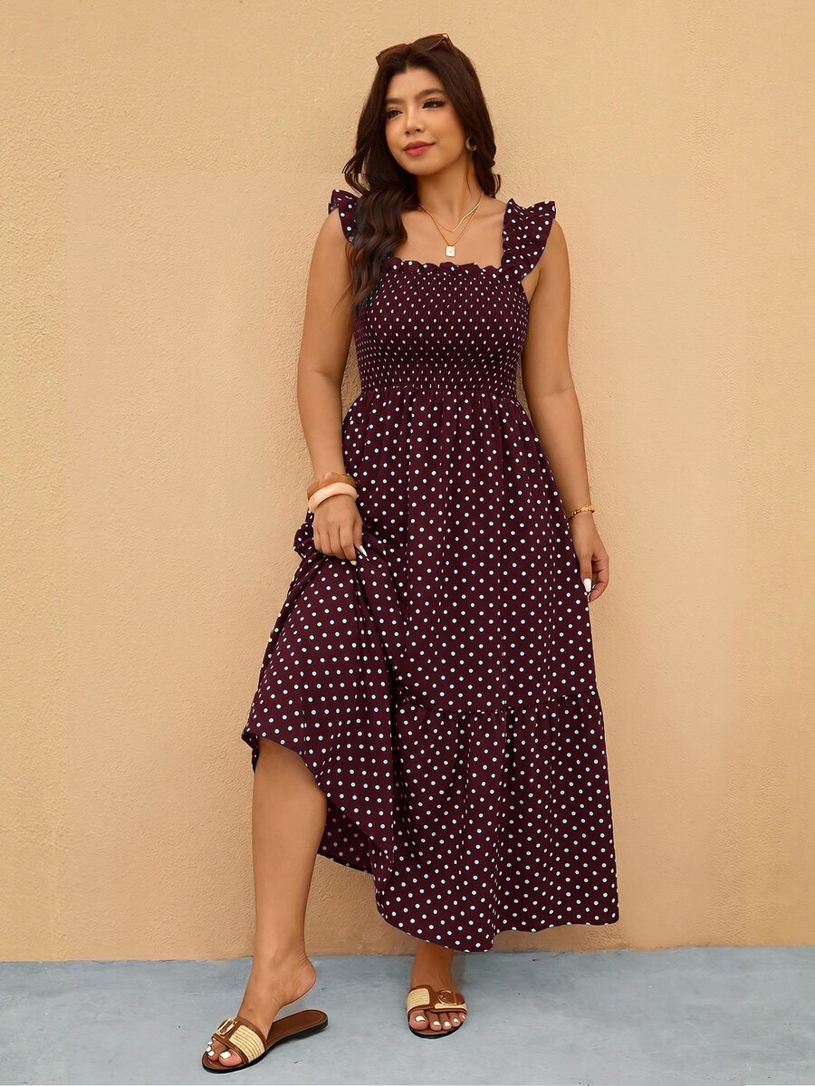 Elaquor Gaun Pesta Kasual Lipit Motif Polkadot untuk Wanita Ukuran Besar - Coklat - View 1