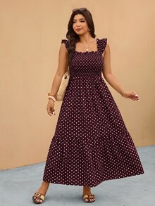 Elaquor Gaun Pesta Kasual Lipit Motif Polkadot untuk Wanita Ukuran Besar - Coklat - View 3