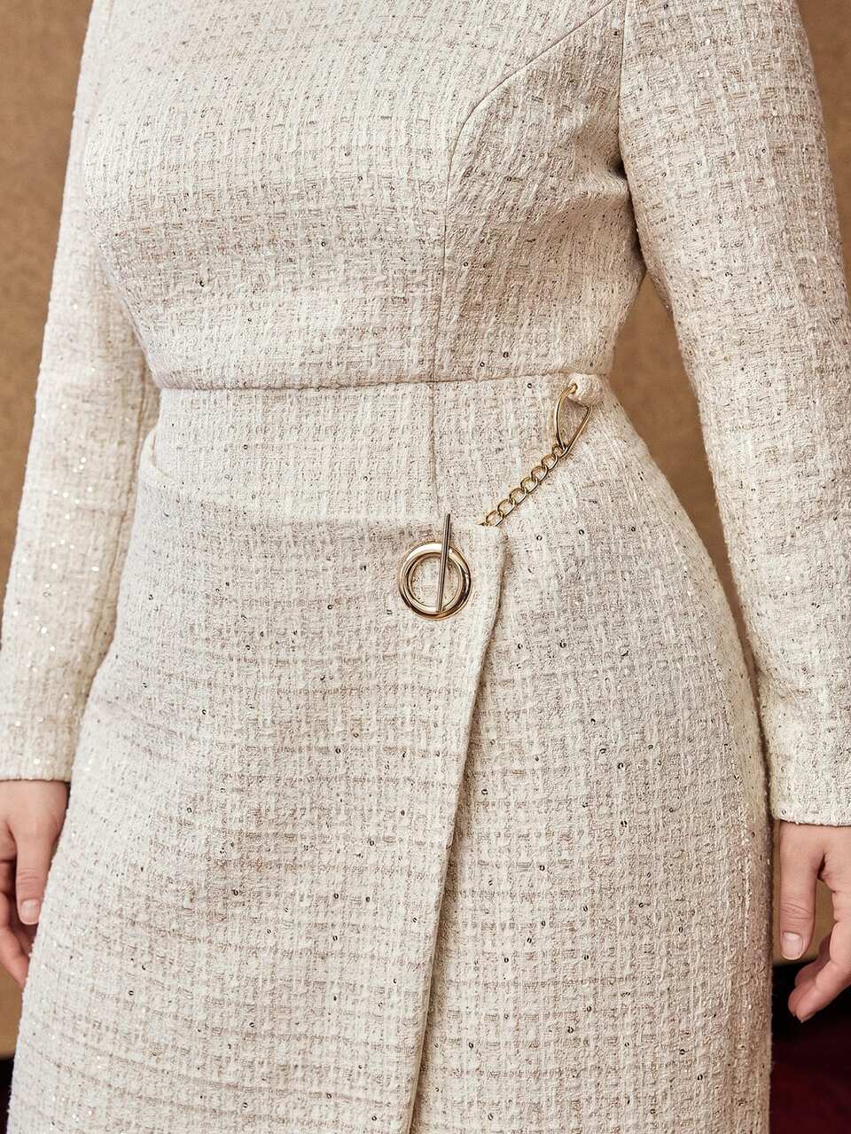 MOTF PLUS SIZE AUTUMN/WINTER TWEED METAL CHAIN DECOR LONG SLEEVE DRESS