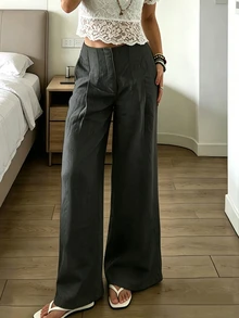 SHEIN PariChic Women's Casual Versatile Solid Color Wide Leg Pants - Dark Grey - View 3