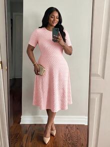 SHEIN Lady Plus Size Women's Textured Fashion Elegant Casual Round Neck Short Sleeve Dress Evening Hot Pink Summer Formal Work - Pink - View 5