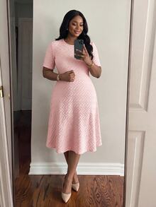 SHEIN Lady Plus Size Women's Textured Fashion Elegant Casual Round Neck Short Sleeve Dress Evening Hot Pink Summer Formal Work - Pink - View 4