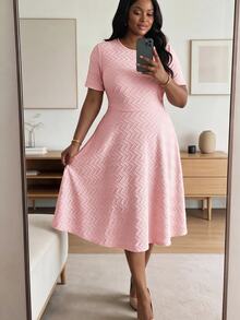 SHEIN Lady Plus Size Women's Textured Fashion Elegant Casual Round Neck Short Sleeve Dress Evening Hot Pink Summer Formal Work - Pink - View 1