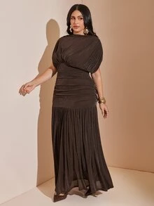 SHEIN BAE CURVE 大尺碼女款棕色蕾絲長洋裝，夏季優雅正式婚禮賓客晚宴禮服，節慶穿搭，母親節派對畢業季，曲線 Y2K 風格 - 棕色 - 查看 8