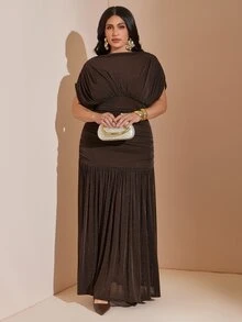 SHEIN BAE CURVE 大尺碼女款棕色蕾絲長洋裝，夏季優雅正式婚禮賓客晚宴禮服，節慶穿搭，母親節派對畢業季，曲線 Y2K 風格 - 棕色 - 查看 9