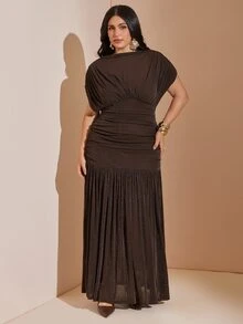 SHEIN BAE CURVE 大尺碼女款棕色蕾絲長洋裝，夏季優雅正式婚禮賓客晚宴禮服，節慶穿搭，母親節派對畢業季，曲線 Y2K 風格 - 棕色 - 查看 5