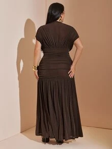SHEIN BAE CURVE 大尺碼女款棕色蕾絲長洋裝，夏季優雅正式婚禮賓客晚宴禮服，節慶穿搭，母親節派對畢業季，曲線 Y2K 風格 - 棕色 - 查看 7
