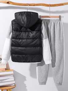 SHEIN 3pcs Kids Tween Boy Casual Daily Versatile Comfortable Patchwork Contrast Color Hooded Loose Long Sleeve Sweatshirt Jogger Pants Padded Hooded Woven Vest Jacket Coat Set Suitable For Autumn/Winter - Multicolor - View 2