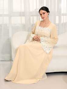Yasmyna Women's Lace Patchwork Button Pleated Arabian Dress - Apricot - View 4