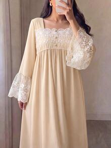 Yasmyna Women's Lace Patchwork Button Pleated Arabian Dress - Apricot - View 1
